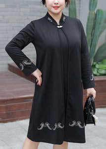 Plus Size Black Embroideried False Two Pieces Cotton Mid Dresses Fall