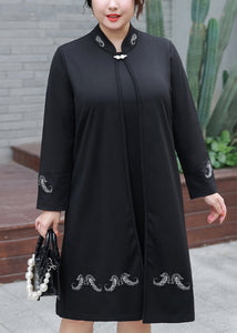 Plus Size Black Embroideried False Two Pieces Cotton Mid Dresses Fall