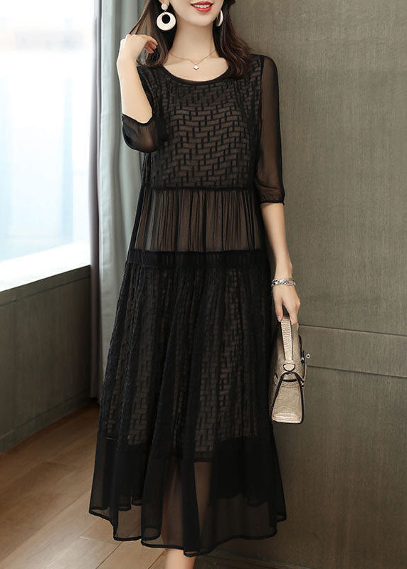 Plus Size Black Embroideried Patchwork Chiffon Party Dress Summer