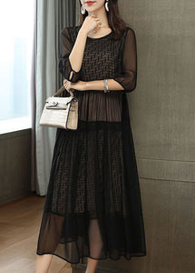 Plus Size Black Embroideried Patchwork Chiffon Party Dress Summer