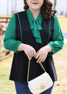 Plus Size Black Green Patchwork V Neck Bow Chiffon Shirt Long Sleeve