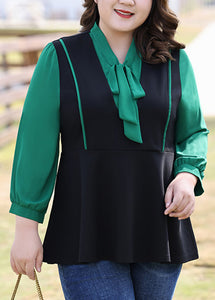 Plus Size Black Green Patchwork V Neck Bow Chiffon Shirt Long Sleeve