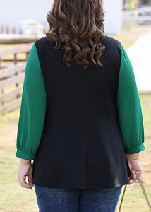 Plus Size Black Green Patchwork V Neck Bow Chiffon Shirt Long Sleeve