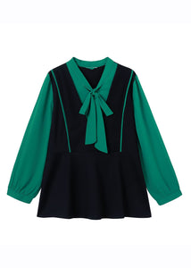 Plus Size Black Green Patchwork V Neck Bow Chiffon Shirt Long Sleeve