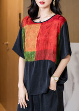 Load image into Gallery viewer, Plus Size Black O Neck Print Patchwork Silk T Shirt Tops Half Sleeve