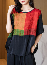 Load image into Gallery viewer, Plus Size Black O Neck Print Patchwork Silk T Shirt Tops Half Sleeve