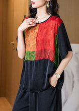 Load image into Gallery viewer, Plus Size Black O Neck Print Patchwork Silk T Shirt Tops Half Sleeve