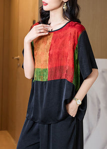 Plus Size Black O Neck Print Patchwork Silk T Shirt Tops Half Sleeve