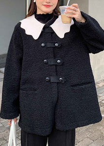 Plus Size Black Peter Pan Collar Button Patchwork Teddy Faux Fur Coats Fall