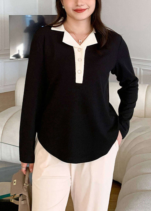 Plus Size Black Peter Pan Collar Patchwork Cotton Blouse Top Fall