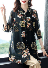 Load image into Gallery viewer, Plus Size Black Peter Pan Collar Print Patchwork Chiffon Shirts Tops Summer