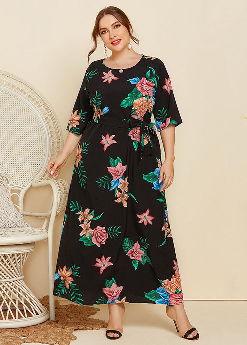 Plus Size Black Print Tie Waist Patchwork Cotton Long Dresses Summer