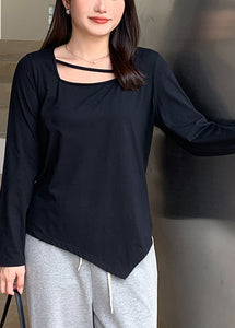 Plus Size Black Square Collar Asymmetrical Cotton Top Fall