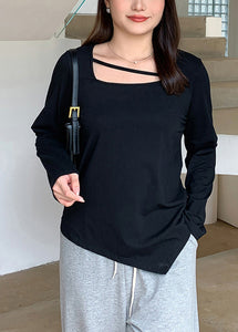 Plus Size Black Square Collar Asymmetrical Cotton Top Fall