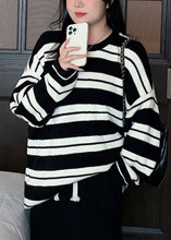 Load image into Gallery viewer, Plus Size Black Striped O Neck Patchwork Knit Top Fall