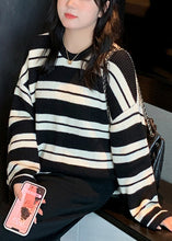 Load image into Gallery viewer, Plus Size Black Striped O Neck Patchwork Knit Top Fall