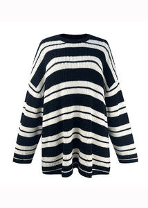 Plus Size Black Striped O Neck Patchwork Knit Top Fall