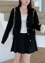 Load image into Gallery viewer, Plus Size Black V Neck Button Patchwork Cotton Cardigans Fall