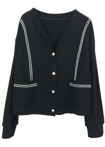 Plus Size Black V Neck Button Patchwork Cotton Cardigans Fall