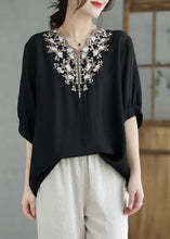 Load image into Gallery viewer, Plus Size Black V Neck Embroideried Cotton Blouses Summer