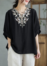 Load image into Gallery viewer, Plus Size Black V Neck Embroideried Cotton Blouses Summer