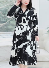 Load image into Gallery viewer, Plus Size Black V Neck Print Tie Waist Chiffon Dresses Fall