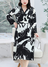 Load image into Gallery viewer, Plus Size Black V Neck Print Tie Waist Chiffon Dresses Fall