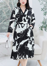 Load image into Gallery viewer, Plus Size Black V Neck Print Tie Waist Chiffon Dresses Fall