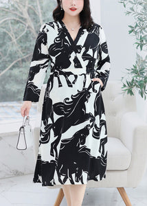 Plus Size Black V Neck Print Tie Waist Chiffon Dresses Fall