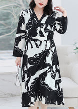 Load image into Gallery viewer, Plus Size Black V Neck Print Tie Waist Chiffon Dresses Fall