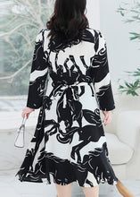 Load image into Gallery viewer, Plus Size Black V Neck Print Tie Waist Chiffon Dresses Fall