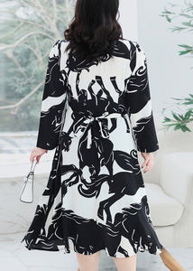 Plus Size Black V Neck Print Tie Waist Chiffon Dresses Fall