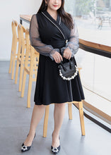 Load image into Gallery viewer, Plus Size Black V Neck Tulle Patchwork Mid Dress Flare Sleeve