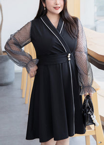 Plus Size Black V Neck Tulle Patchwork Mid Dress Flare Sleeve