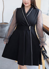 Load image into Gallery viewer, Plus Size Black V Neck Tulle Patchwork Mid Dress Flare Sleeve