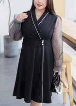 Load image into Gallery viewer, Plus Size Black V Neck Tulle Patchwork Mid Dress Flare Sleeve