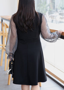 Plus Size Black V Neck Tulle Patchwork Mid Dress Flare Sleeve