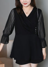 Load image into Gallery viewer, Plus Size Black V Neck Wrinkled Patchwork Chiffon Shirts Top Fall