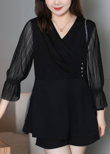 Plus Size Black V Neck Wrinkled Patchwork Chiffon Shirts Top Fall