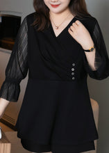 Load image into Gallery viewer, Plus Size Black V Neck Wrinkled Patchwork Chiffon Shirts Top Fall