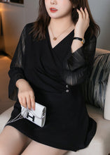 Load image into Gallery viewer, Plus Size Black V Neck Wrinkled Patchwork Chiffon Shirts Top Fall