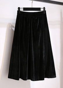 Plus Size Black Wrinkled Elastic Waist Patchwork Velour Skirts Fall