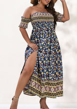 Load image into Gallery viewer, Plus Size Blue Cold Shoulder Ruffled Print Cotton Dresses Summer