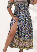 Load image into Gallery viewer, Plus Size Blue Cold Shoulder Ruffled Print Cotton Dresses Summer