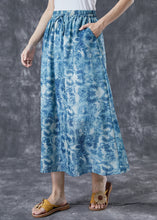 Load image into Gallery viewer, Plus Size Blue Elastic Waist Print Linen A Line Skirts Summer