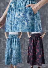 Load image into Gallery viewer, Plus Size Blue Elastic Waist Print Linen A Line Skirts Summer