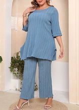 Load image into Gallery viewer, Plus Size Blue O-Neck Tops And Pants Cotton Two Piece Set Outfits Half Sleeve