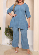 Load image into Gallery viewer, Plus Size Blue O-Neck Tops And Pants Cotton Two Piece Set Outfits Half Sleeve