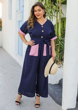 Load image into Gallery viewer, Plus Size Blue Patchwork Button Elastic Waist Tie Waist Jumpsuits Summe