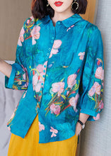 Load image into Gallery viewer, Plus Size Blue Peter Pan Collar Button Print Linen Shirts Tops Bracelet Sleeve